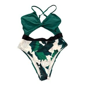 Cupshe Tropical Banana Leaf Cutout Monokini Swimsuit Green White Size Large NWT